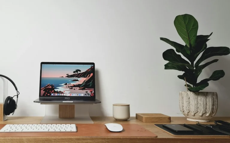 Home office desk with a computer and plants