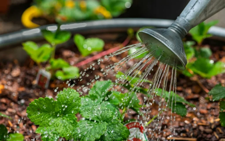 Watering plants with a watering can